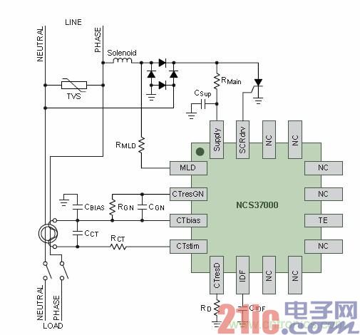 图8. 安森美半导体NCS37000  GFCI信号处理器应用示图