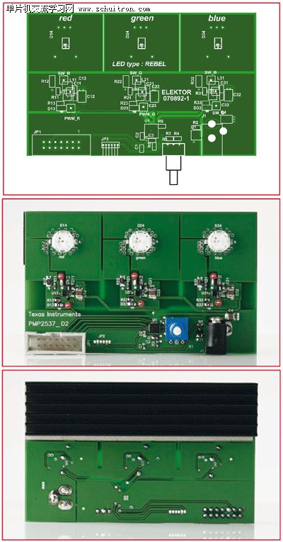 图5： 用于构建图 3 和图 4 中电路的印制电路板。有三个不同版本供您下载，以支持不同类型的 LED。
