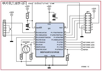 图3： 使用 JTAG 连接 (JP1)、eZ430 连接器 (JP2) 和旋转编码器 (R1) 基于 MSP430 微控制器的这种电路的控制部分 