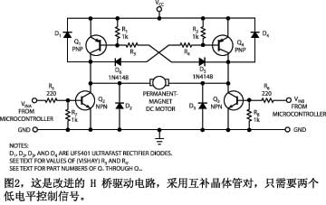 这是改进的H桥驱动电路采用互补晶体管对只需要两个低电平控制信号