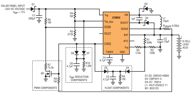 图 8：具低电池VMP跟踪功能的 17V VMP 太阳能电池板至 6 节 2A 铅酸电池充电器