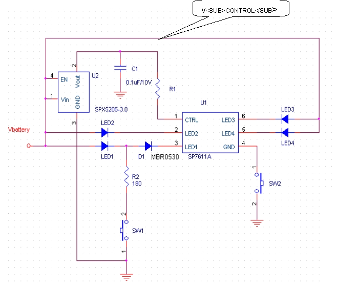 图2：仅用一个SP7611A控制矿灯的主副LED灯的应用电路。