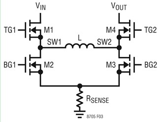 图 3：由 LT8705 驱动 4 个 MOSFET 开关的简化示意图