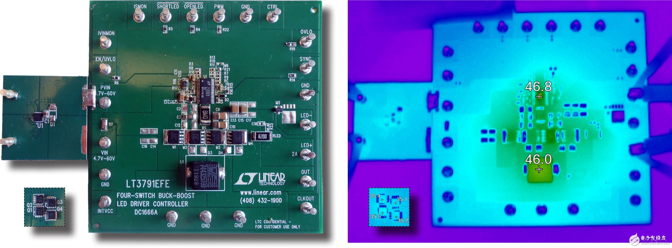 图 5：在图 1 所示的高效率 LED 驱动器中组件保持低温状态。请注意，LT4320 理想驱动器可在满 LED 电流条件下处于低温运行状态。在提供 60W 的 LED 功率时，LT3791 高功率降压-升压型转换器和支持组件的温升小于 24°C。位于电路板背面的 4 个理想二极管桥 MOSFET （嵌入） 的温升小于 13°C （环境温度为 23°C）。