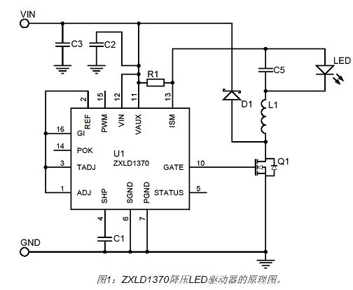 ZXLD1370在降压模式下工作的典型原理图