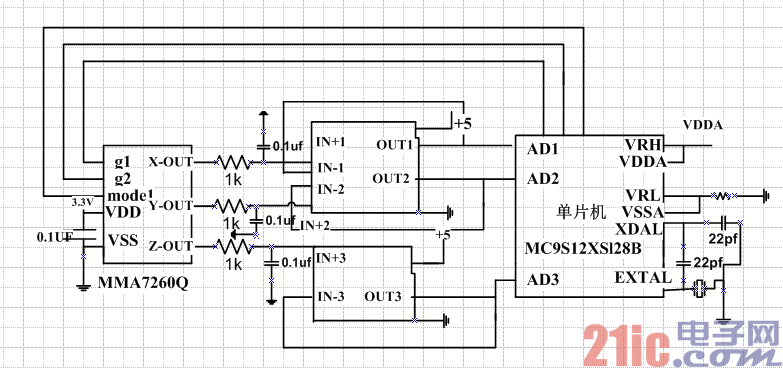 图五 MMA7260Q与MC9S12XSl28B的硬件接口电路