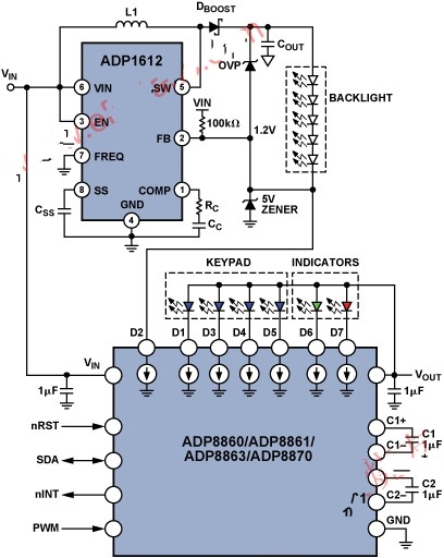 升压转换器ADP1612和LED驱动器ADP8860实现背光和辅助 LED 的可编程驱动 