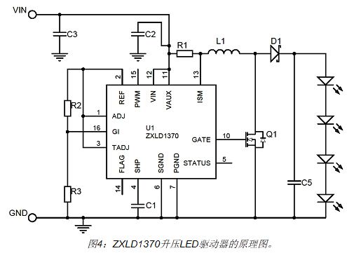 ZXLD1370在升压模式下工作的典型原理图