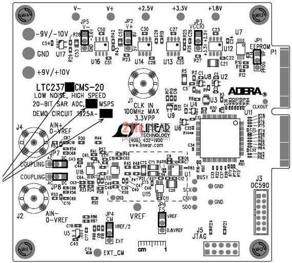 LTC2378-20 20 位 1Msps SAR ADC 演示板 (包括 ADC 驱动器) 顶层丝印