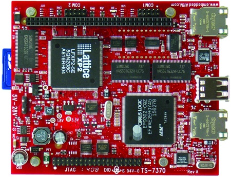 图5，Technologic Systems公司的TS-7370带有一个用户编程的FPGA，可以创建与大多数彩色TFF-LCD面板的定制接口。