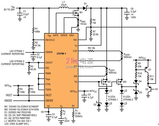 图 1：用于成对 LED 灯串的升压 LED 驱动器，其具有针对任一灯串中的故障 LED 之检测和保护功能