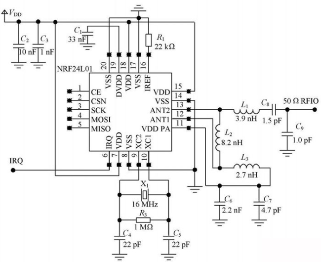 图2由NRF24L01 芯片构成的通信模块电路图。