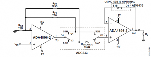 利用ADA4896-2和ADG633构建低噪声增益可选放大器来驱动低阻性负载