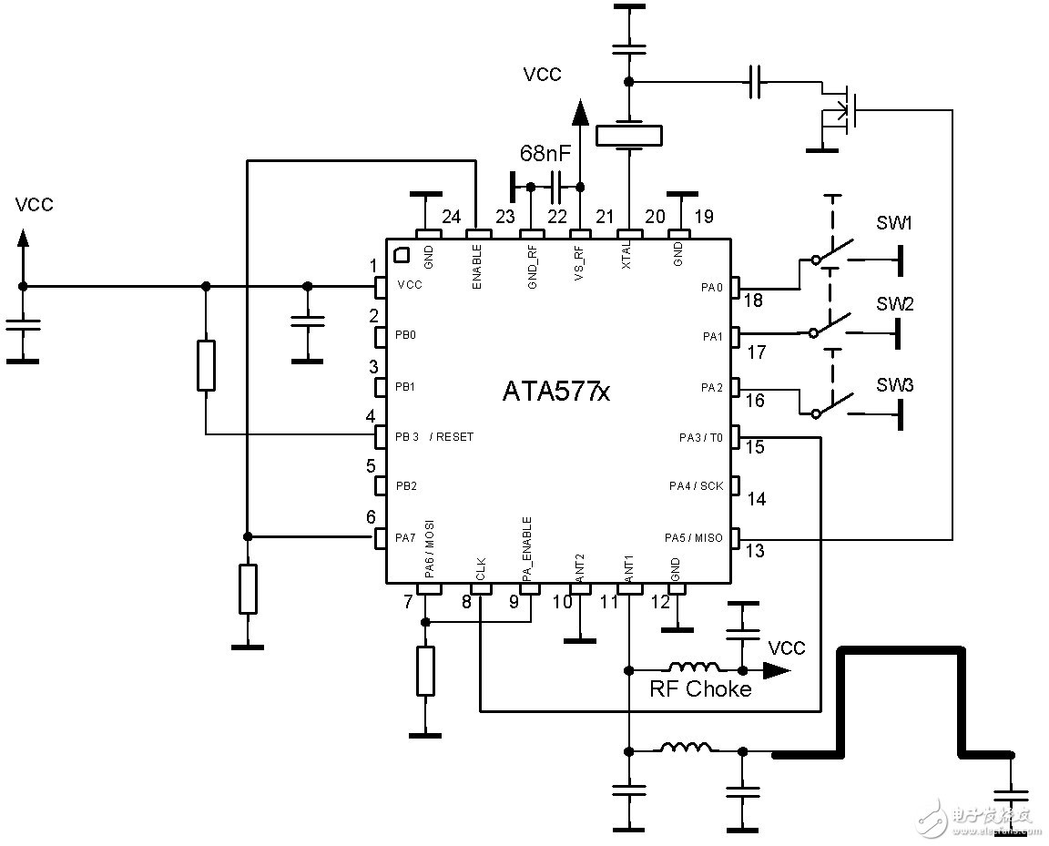 用于实现RKE功能的ATA577x车钥匙原理图