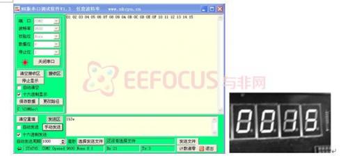 图11 串口调试助手显示及数码管显示(波特率9600bit/s)