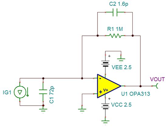 图 3：将 1uA 电流阶跃应用到输入端，以仿真阶跃响应