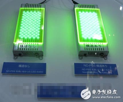 使用（右）和未使用（左）ND（纳米点阵列）-PSS时的LED亮度的比较演示